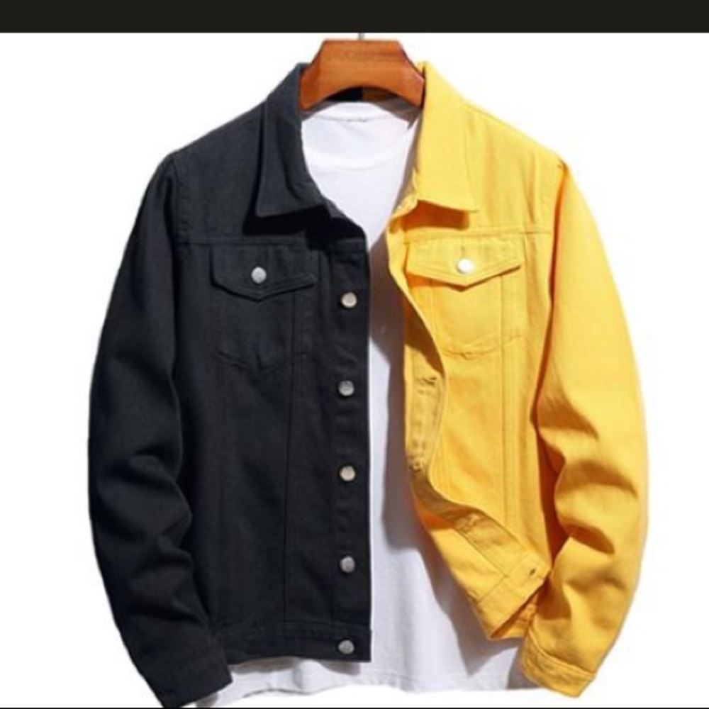 Distressed Half Black/Yellow Denim Jacket Men Sz M Punk Streetwear 100% Cotton